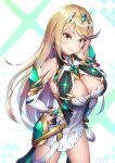  1girl bangs blonde_hair breasts chest_jewel cleavage cleavage_cutout closed_mouth clothing_cutout commentary_request dress drop_earrings earrings elbow_gloves gloves hand_on_hip highres jewelry large_breasts long_hair looking_at_viewer mythra_(xenoblade) novady short_dress signature simple_background smile solo straight_hair swept_bangs thigh_strap tiara white_dress white_gloves xenoblade_chronicles_(series) xenoblade_chronicles_2 yellow_eyes 
