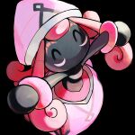  ^_^ black_background black_skin closed_eyes colored_skin commentary curly_hair elizabeth_(tomas21) happy hat highres long_hair no_humans outstretched_arms pink_hair pink_headwear pokemon pokemon_(creature) simple_background solo symbol-only_commentary tapu_lele 