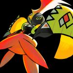  beak black_background black_skin colored_skin commentary elizabeth_(tomas21) from_below green_eyes highres no_humans plume pokemon pokemon_(creature) shell simple_background solo symbol-only_commentary tapu_koko 
