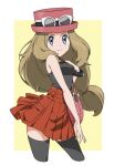  1girl bag border bracelet breasts brown_hair closed_mouth collared_shirt commentary_request cowboy_shot eyelashes eyewear_on_headwear grey_eyes hand_up handbag hat high-waist_skirt highres ia_(ilwmael9) jewelry long_hair mega_ring pink_bag pink_headwear pokemon pokemon_(game) pokemon_xy red_skirt serena_(pokemon) shirt skirt sleeveless sleeveless_shirt smile solo sunglasses thighhighs white-framed_eyewear white_border yellow_background 