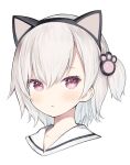  1girl :&lt; animal_ears bangs black_hairband blush capriccio cat_ears closed_mouth commentary_request fake_animal_ears grey_hair hair_between_eyes hairband kaburi_chiko looking_at_viewer one_side_up original paw_hair_ornament portrait red_eyes sailor_collar simple_background solo white_background white_sailor_collar 