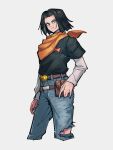 1boy android_17 belt black_hair black_shirt blue_eyes dragon_ball dragon_ball_z feet_out_of_frame kemachiku long_sleeves looking_at_viewer male_focus pants pouch red_ribbon_army shirt short_hair smile solo torn_clothes torn_pants white_shirt 