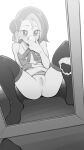  1girl black_socks bottomless clothes_lift commentary_request commission female_pubic_hair greyscale hair_bun highres kneehighs mirror mizuki_kotori_(yu-gi-oh!) monochrome multicolored_hair neck_ribbon panties pubic_hair pussy reflection ribbon selfie shirt shirt_lift short_hair simple_background single_hair_bun skeb_commission sleeveless sleeveless_shirt socks solo two-tone_hair ukokkei underwear white_background white_panties wing_collar yu-gi-oh! yu-gi-oh!_zexal 