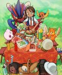  1girl :o backpack bag berry_(pokemon) blush bottle braid bread brown_hair collared_shirt commentary_request cup day egg elizabeth_(tomas21) flask fletchling food green_eyes hat hat_removed headwear_removed highres holding holding_food holding_scissors igglybuff juliana_(pokemon) ketchup_bottle koraidon lechonk lettuce mustard_bottle necktie orange_necktie orange_shorts outdoors pawmi picnic_basket pokemon pokemon_(creature) pokemon_(game) pokemon_egg pokemon_sv sandwich scissors shirt shorts sleeping sparkle suspenders table tablecloth tarountula tomato tomato_slice white_shirt zzz 