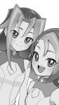  2girls :&gt; :d bangs commentary_request commission dyed_bangs greyscale highres kamishiro_rio long_hair mizuki_kotori_(yu-gi-oh!) monochrome multicolored_hair multiple_girls selfie shirt short_hair simple_background skeb_commission sleeveless sleeveless_shirt smile two-tone_hair ukokkei upper_body white_background yu-gi-oh! yu-gi-oh!_zexal 