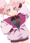  1girl :3 afro_puffs arm_up blush chuatury_panlunch gundam gundam_suisei_no_majo hand_in_pocket high_collar highres jacket long_sleeves looking_at_viewer mouth_hold necktie oversized_clothes pink_eyes pink_hair samansa_ex short_bangs short_eyebrows smile solo thick_eyebrows v 