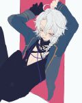  1boy black_shirt blazer blush border dankira!!! jacket janome_shiki long_sleeves male_focus open_mouth orange_eyes pink_background shirt short_braid short_hair sketch sneezecoon solo string white_border white_hair 