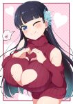  1girl absurdres aqua_hair bangs black_hair blue_eyes blunt_bangs blunt_ends breasts cleavage cleavage_cutout clothing_cutout commentary_request detached_sleeves earrings flower gradient_hair hair_flower hair_ornament heart heart_hands highres hime_cut huge_breasts jewelry large_breasts looking_at_viewer meme_attire mole mole_on_breast mole_under_eye mole_under_mouth multicolored_hair original red_sweater ribbed_sweater sakamata solo spoken_heart sweater two-tone_hair virgin_killer_sweater 