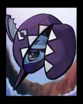  black_border black_skin blue_eyes blue_hair blurry blurry_background border colored_skin commentary elizabeth_(tomas21) fins full_body highres horns long_hair looking_at_viewer no_humans pokemon pokemon_(creature) shell single_horn solo tapu_fini 