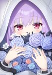  1girl atsuko_(blue_archive) bangs blue_archive blush bouquet covered_mouth english_commentary flower highres holding holding_bouquet hood jacket looking_at_viewer purple_hair red_eyes solo upper_body white_hood white_jacket yuki7128 