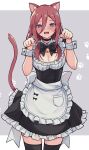  1girl alternate_costume animal_ears apron back_bow bangs bell black_bow black_bowtie black_choker black_dress black_thighhighs blue_eyes blush bow bowtie breasts brown_hair cat_ears cat_tail choker cleavage commentary dress embarrassed enmaided eyelashes fake_animal_ears frilled_apron frilled_dress frills furrowed_brow go-toubun_no_hanayome grey_background hair_between_eyes hair_over_breasts half-closed_eyes hands_up highres large_breasts long_hair looking_at_viewer maid maid_apron maid_headdress nakano_miku neck_bell open_mouth paw_pose paw_print paw_print_background profnote ribbon sidelocks simple_background solo standing tail teeth thighhighs upper_teeth_only white_apron white_bow white_ribbon white_wrist_cuffs 
