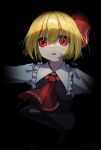  1girl ascot black_skirt black_vest blonde_hair collared_shirt darkness hair_between_eyes hair_ribbon highres long_sleeves myuga66666 one-hour_drawing_challenge open_mouth red_ascot red_eyes red_ribbon ribbon rumia shirt short_hair skirt solo touhou upper_body vest white_shirt 