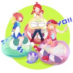  3girls amitie_(puyopuyo) andou_ringo apple arle_nadja belt black_thighhighs blonde_hair blue_footwear blue_skirt blush bracelet brown_eyes brown_hair carbuncle_(puyopuyo) closed_eyes drill_hair food fruit green_eyes hair_ornament hairclip hat highres holding holding_food holding_fruit jewelry multiple_girls necktie nekoda02 one_eye_closed open_mouth pink_shorts ponytail purple_necktie puyo_(puyopuyo) puyopuyo puyopuyo_7 puyopuyo_fever red_footwear red_hair shirt short_hair shorts shoulder_pads skirt sleeveless sleeveless_shirt smile sweater_vest thighhighs transparent_background vest 