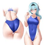  1girl absurdres arm_at_side ass asymmetrical_hair back backless_swimsuit bare_arms bare_back bare_shoulders black_hairband blue_hair blue_one-piece_swimsuit blush breasts clenched_hand closed_mouth commentary_request commission competition_swimsuit covered_navel cowboy_shot eula_(genshin_impact) facing_away genshin_impact gradient_eyes groin hair_ornament hairband hand_up highleg highleg_swimsuit highres lace-trimmed_hairband lace_trim large_breasts looking_at_viewer median_furrow multicolored_eyes multiple_views ncontrail_(mgax7527) one-piece_swimsuit simple_background skeb_commission swimsuit taut_clothes taut_swimsuit thigh_gap thighs two-tone_swimsuit variant_set wet white_background white_one-piece_swimsuit yellow_eyes 