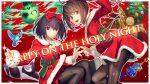  2girls animal aozaki_aoko bird black_eyes black_hair blue_eyes bow brown_hair christmas christmas_tree flat_snark hair_bow hair_ribbon highres koyama_hirokazu kuonji_alice long_hair lost_robin_rondo mahou_tsukai_no_yoru multiple_girls official_art pantyhose ponytail ribbon santa_costume short_hair skull 