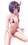 1girl absurdres bangs bare_shoulders bikini black_bikini bob_cut breasts collarbone eyeliner fate/grand_order fate_(series) headpiece highres horns laan_(0110) looking_at_viewer lotion makeup micro_bikini oni oni_horns open_mouth purple_eyes purple_hair short_hair shuten_douji_(fate) skin-covered_horns small_breasts smile solo swimsuit thighs white_background 