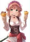  1girl bangs blush coffee_tart crepe dress food frills green_eyes hair_rings highres holding holding_food jewelry long_hair long_sleeves looking_at_viewer necklace pearl_necklace princess_connect! rino_(princess_connect!) rino_(real)_(princess_connect!) sash smile solo tenugui two_side_up underbust 