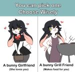  &lt;3 absurd_res anthro apron apron_only black_hair bottomwear breasts burger clothing cooking english_text female food grill grilling hair hi_res lagomorph leporid looking_at_viewer mammal mostly_nude nat_(vesperinox) one_eye_closed rabbit school_uniform side_boob skirt smile smiling_at_viewer standing text uniform vesperinox wink winking_at_viewer 