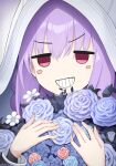  1girl atsuko_(blue_archive) bangs blue_archive blush_stickers bouquet empty_eyes english_commentary flower grin highres holding holding_bouquet hood jacket jitome looking_at_viewer meme purple_hair red_eyes smile solo teeth upper_body white_hood white_jacket yuki7128 