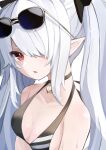  1girl :o absurdres bangs bare_shoulders bikini black_bikini black_bow blue_archive bow breasts eyewear_on_head grey_hair hair_bow hair_over_one_eye highres iori_(blue_archive) jewelry long_hair looking_at_viewer necklace open_mouth pointy_ears red_eyes rotroto simple_background small_breasts solo sunglasses sweatdrop swimsuit twintails upper_body white_background 