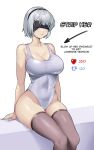  1girl arrow_(symbol) black_blindfold black_hairband blindfold bob_cut breasts cleavage collarbone commentary_request covered_navel damodar english_commentary english_text grey_hair grin hairband highleg highleg_swimsuit large_breasts like_and_retweet meme mole mole_under_mouth nier_(series) nier_automata one-piece_swimsuit parted_lips short_hair side_slit simple_background sitting skin_tight skindentation smile solo swimsuit thighhighs thighs twitter_strip_game_(meme) white_background white_hair white_one-piece_swimsuit yorha_no._2_type_b 