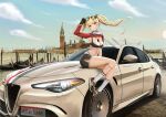  1girl absurdres alfa_romeo alfa_romeo_giulia alternate_costume azur_lane car character_name cloud cloudy_sky copyright_name crop_top day gloves ground_vehicle highres italian_flag italy kcar66t leonardo_da_vinci_(azur_lane) license_plate motor_vehicle product_placement race_queen real_world_location scarf shoes sitting_on_car sky sneakers sunglasses twintails venice 