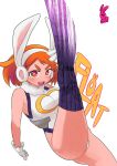  1girl animal_ears bangs boku_no_hero_academia breasts bright_pupils brown_eyes brown_hair commentary_request cosplay gloves highleg highleg_leotard highres leg_up leotard looking_at_viewer medium_breasts mirko mirko_(cosplay) open_mouth rabbit_ears saburou_(326xxx1) short_hair sidelocks solo tail thighhighs thighs uraraka_ochako white_background white_gloves white_leotard white_pupils 