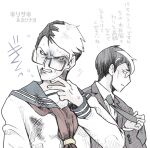  2boys ace_attorney character_name collared_shirt cosplay costume_switch glasses green_necktie holding_necktie in-franchise_crossover injury long_sleeves looking_at_another male_focus minashirazu multicolored_hair multiple_boys necktie open_mouth phoenix_wright:_ace_attorney_-_justice_for_all satoru_hosonaga school_uniform serafuku shirt short_hair simple_background sweatdrop the_great_ace_attorney trait_connection turner_grey upper_body white_background white_hair 