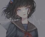  1girl amemori_sayo black_hair black_sailor_collar black_serafuku blurry blurry_background cardiogram commentary floating_hair grey_background hair_bobbles hair_ornament head_tilt highres looking_at_viewer multicolored_hair_bobbles neckerchief nijisanji one_side_up open_mouth portrait red_neckerchief sailor_collar school_uniform serafuku shade short_hair simple_background smilebestfriend symbol-only_commentary virtual_youtuber white_eyes wind wind_lift 