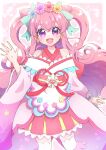  1girl apron bow commentary cone_hair_bun cure_precious cure_precious_(party_up_style) delicious_party_precure earrings hair_bun head_wreath highres huge_bow jewelry long_hair magical_girl nagomi_yui pink_bow pink_hair precure purple_eyes rii_(rii0_02) solo two_side_up very_long_hair wide_sleeves 