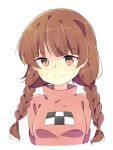  1girl blush braid brown_hair highres looking_at_viewer madotsuki nagoooon_114 pink_hair simple_background smile solo twin_braids white_background yume_nikki 