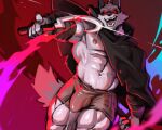  2023 abs anthro arm_wraps barazoku biceps big_bulge big_muscles bulge canid canine canis claws cloak clothed clothing death_(puss_in_boots) detailed_bulge dreamworks dutch_angle fur gesture hi_res holding_object holding_weapon huge_bulge huge_muscles male mammal muscular muscular_anthro muscular_male navel nipples obliques open_mouth open_smile pecs pink_background pointing puss_in_boots_(film) puss_in_boots_the_last_wish quads red_eyes sickle simple_background smile solo standing teeth thick_thighs tongue topless topless_anthro topless_male tuft underwear vorusuarts weapon wolf wraps 