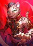  2023 5_fingers anthro clothing deity digital_media_(artwork) felid feline fingers fur gradient_background green_eyes hi_res leopard_cat male mammal nekojishi open_mouth ponzu_tas prionailurus red_background shu-chi simple_background solo studio_klondike 