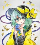  1girl bangs black_headwear bow green_eyes green_hair grey_background hat hat_bow highres holding key747h komeiji_koishi long_sleeves looking_at_viewer short_hair solo third_eye tongue tongue_out touhou traditional_media upper_body wide_sleeves yellow_bow 