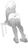  1girl ahoge anus arm_support ass blush_stickers crocs greyscale highres itsukarine leaning_forward looking_at_viewer looking_back monochrome original pointy_ears pussy short_hair simple_background solo standing sweatdrop table thighhighs white_background 