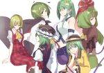  6+girls antennae aqua_eyes ascot bangs black_cape black_headwear breasts cape closed_mouth color_connection epaulettes frilled_hat frilled_ribbon frills green_eyes green_hair green_skirt hair_color_connection hat hat_ribbon heart heart_of_string kagiyama_hina kazami_yuuka kochiya_sanae komeiji_koishi large_breasts looking_at_viewer medium_breasts multiple_girls open_mouth plaid plaid_skirt plaid_vest red_eyes red_ribbon red_skirt red_vest ribbon shiki_eiki shirt short_hair simple_background skirt sleeveless sleeveless_shirt smile third_eye tohoyuukarin touhou vest white_background white_shirt wriggle_nightbug yellow_ascot yellow_shirt 