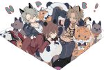  3boys animal_ears blonde_hair busujima_tsukumo dankira!!! dark-skinned_male dark_skin green_eyes grey_hair habashiri_ginko long_hair male_focus multiple_boys panda_boy panda_ears panda_tail red_hair short_hair sneezecoon stuffed_animal stuffed_panda stuffed_tiger stuffed_toy stuffed_wolf tail tiger_boy tiger_ears tiger_tail tsubaki_seito white_background wolf_boy wolf_ears yellow_eyes 