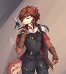  absurd_res anthro armor bear belt brown_hair canid canine canis chris_sanka_(fejess96) clothed clothing domestic_dog eyewear fejess96 fist glasses hair hand_on_chest hi_res hybrid light_armor looking_away male mammal melee_weapon multiple_belts solo sword sword_on_back weapon weapon_on_back 