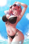  1girl :d absurdres arms_up bandaged_arm bandages bangs bikini black_bikini blue_sky blush breasts bun_cover cleavage cloud cowboy_shot double_bun eyewear_on_head hair_bun highres ibaraki_kasen large_breasts light_rays looking_at_viewer navel onikoroshi open_mouth outdoors pink_eyes pink_hair short_hair sky smile solo standing sun sunglasses swimsuit touhou wading wet 