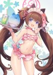  1girl animal_ears bangs bikini blue_archive breasts brown_hair chingisu choker collarbone cup drink drinking_glass drinking_straw flower frilled_bikini frills hair_flower hair_ornament halo highres long_hair looking_at_viewer maid_headdress navel open_mouth pink_bikini purple_eyes ribbon_choker shizuko_(blue_archive) shizuko_(swimsuit)_(blue_archive) small_breasts smile solo standing stomach swimsuit tray twintails very_long_hair white_background 