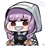  1girl atsuko_(blue_archive) bangs blue_archive bow braid chibi commentary empty_eyes flak_jacket grin hair_bow halo jacket jitome meme purple_hair red_eyes rocktide sans sidelocks simple_background smile solo teeth twin_braids undertale upper_body white_background white_hood white_jacket yellow_bow 