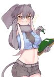  1girl a888_n22 african_elephant_(kemono_friends) animal_ears bangs belt bespectacled blue_shirt breast_pocket brown_shorts cowboy_shot cropped_shirt elbow_gloves elephant_ears elephant_girl elephant_tail glasses gloves grey_gloves grey_hair grey_necktie grin hair_between_eyes hand_on_eyewear hand_up highres holding kemono_friends light_blush looking_at_viewer midriff navel necktie notebook orange_eyes pencil pocket scarf shirt short_hair short_shorts shorts simple_background sleeveless sleeveless_shirt smile solo stomach tail v-shaped_eyebrows white_background 