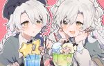  1boy 2girls :d :o arbell_(ikeuchi_tanuma) black_bow bow bow-shaped_hair brother_and_sister capelet flying_sweatdrops food green_capelet grey_capelet grey_hair hat hat_bow holding holding_spoon ikeuchi_tanuma in_food long_sleeves minigirl multiple_girls original outline parted_lips seraphina_(ikeuchi_tanuma) shirt siblings smile spoon white_shirt yellow_eyes 