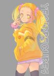  1girl blonde_hair commentary grey_background hand_in_pocket hood hoodie jj_(ssspulse) kasugano_urara_(yes!_precure_5) long_hair looking_at_viewer precure purple_skirt scrunchie short_bangs skirt smile solo twintails wrist_scrunchie yellow_eyes yellow_hoodie yes!_precure_5 