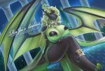  anthro big_breasts breasts cleavage clothed clothing collar dragon dress ear_piercing ear_ring exposed_breasts female hi_res jewelry kaya_(knockedoutdragon) looking_down nipples piercing pillars rajas_ledies ring_piercing scales scalie sitting solo text url watermark wings 