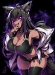  1girl absurdres animal_collar animal_ears black_eyes black_nails breasts cleavage collar crop_top dark-skinned_female dark_skin ebiblue fangs gesugao highres large_breasts long_hair midriff navel off-shoulder_jacket off_shoulder original purple_eyes sharp_teeth shorts skindentation smile solo tail teeth thick_thighs thighhighs thighs thong twitter_username wolf_ears wolf_girl wolf_tail 