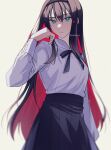  1girl bangs black_hair black_hairband black_ribbon black_skirt blouse blue_eyes closed_mouth colored_inner_hair hairband long_hair long_sleeves looking_at_viewer multicolored_hair nanase_hr neck_ribbon red_hair ribbon shirt simple_background skirt solo tohno_akiha tsukihime tsukihime_(remake) twitter_username two-tone_hair white_background white_shirt 