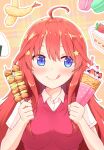  +_+ 1girl :p ahoge bangs blue_eyes blush breasts cake collar commentary crepe eyebrows_hidden_by_hair eyelashes food food-themed_background fruit go-toubun_no_hanayome hair_between_eyes hair_ornament hair_over_breasts hands_up highres holding holding_food kebab large_breasts long_hair looking_at_food looking_to_the_side macaron nakano_itsuki onigiri plaid plaid_background profnote red_hair red_sweater_vest shirt short_sleeves shrimp shrimp_tempura sidelocks smile solo star_(symbol) star_hair_ornament strawberry sweater_vest symbol-only_commentary tehepero tempura tongue tongue_out white_collar white_shirt 