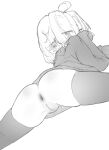  1girl ahoge anus ass blush_stickers ear_piercing greyscale highres itsukarine looking_at_viewer looking_back lying monochrome on_stomach original piercing pointy_ears pussy short_hair simple_background solo spread_legs sweatdrop thighhighs white_background 