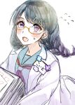  1girl bangs black_hair braid ena_ena fangs flying_sweatdrops fukumaru_koito glasses hair_ornament hairclip highres idolmaster idolmaster_shiny_colors labcoat looking_at_viewer neckerchief paper_stack purple_eyes sailor_collar school_uniform semi-rimless_eyewear serafuku skin_fangs solo swept_bangs twin_braids twintails white_background 